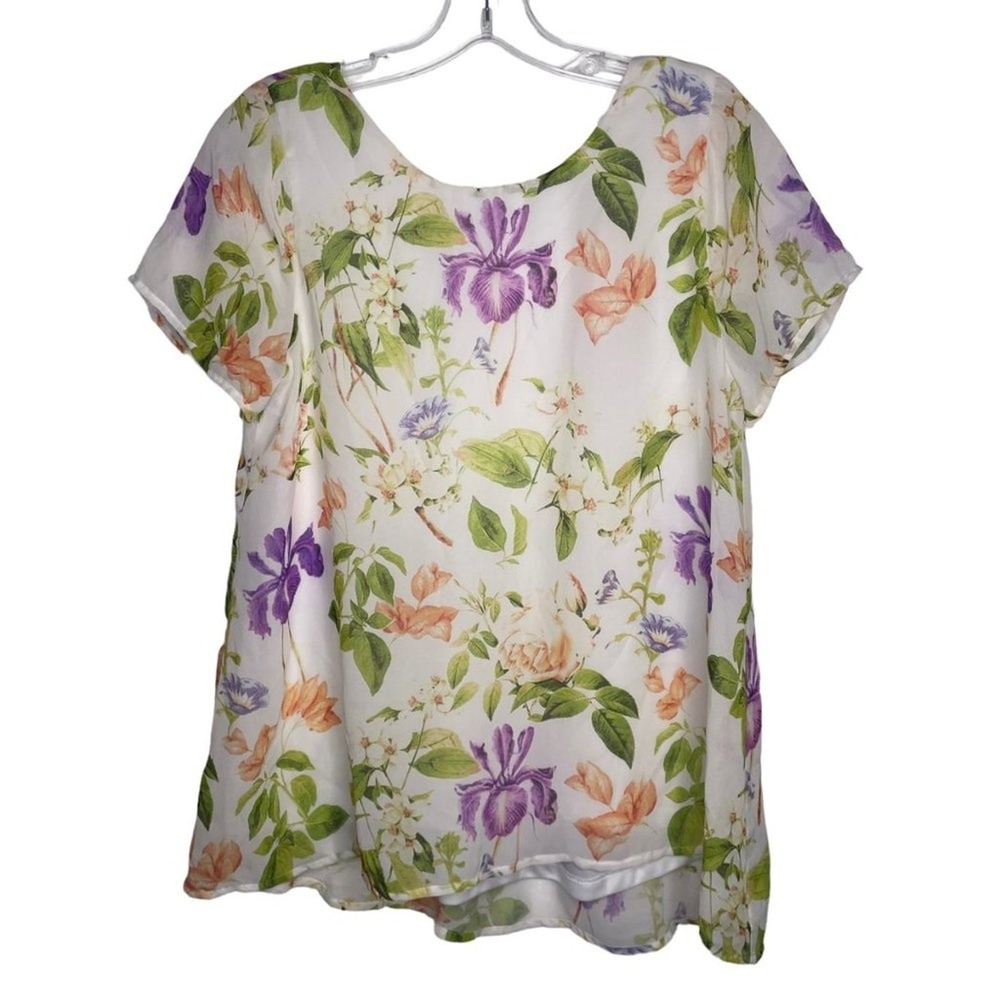 Show Me Your Mumu Floral Deep Scoop Back Chiffon Top White Purple Small